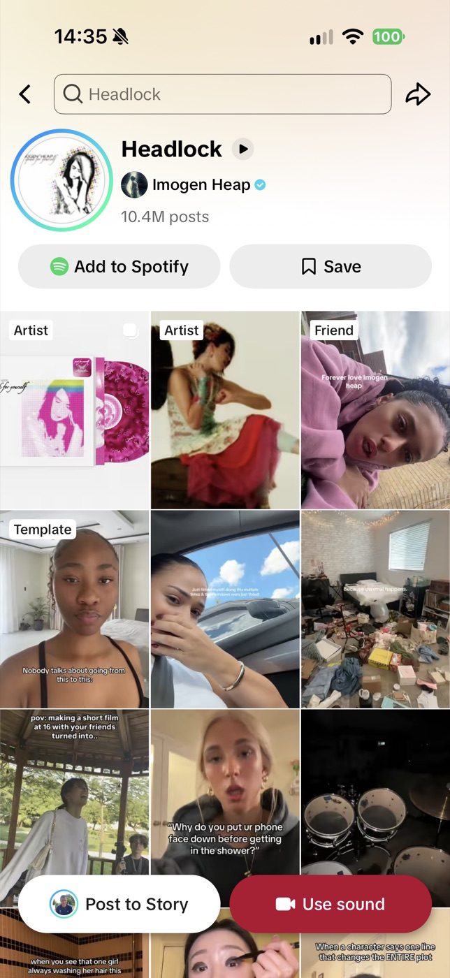 TikTok sound page: Headlock by Imogen Heap, 10.4M posts